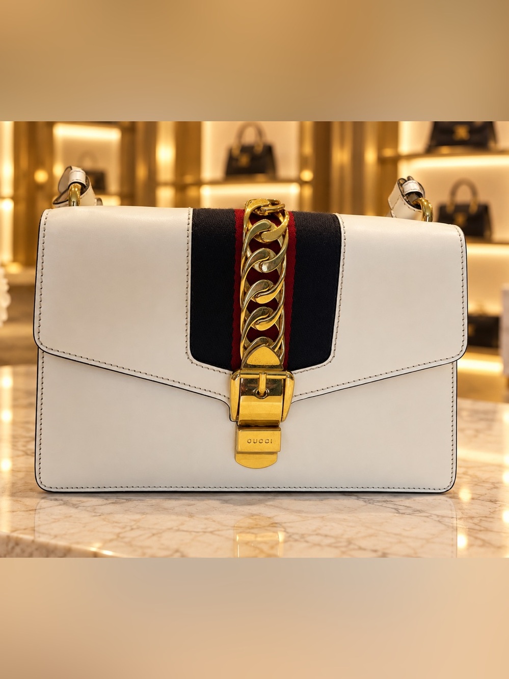 Gucci Sylvie Small White Leather Shoulder Bag Gold Chain Web Stripe